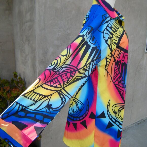 Super Colorful Size LARGE Ethnic EYE Print Tunic Shirt Modern Art Boho Top - Picture 6 of 7